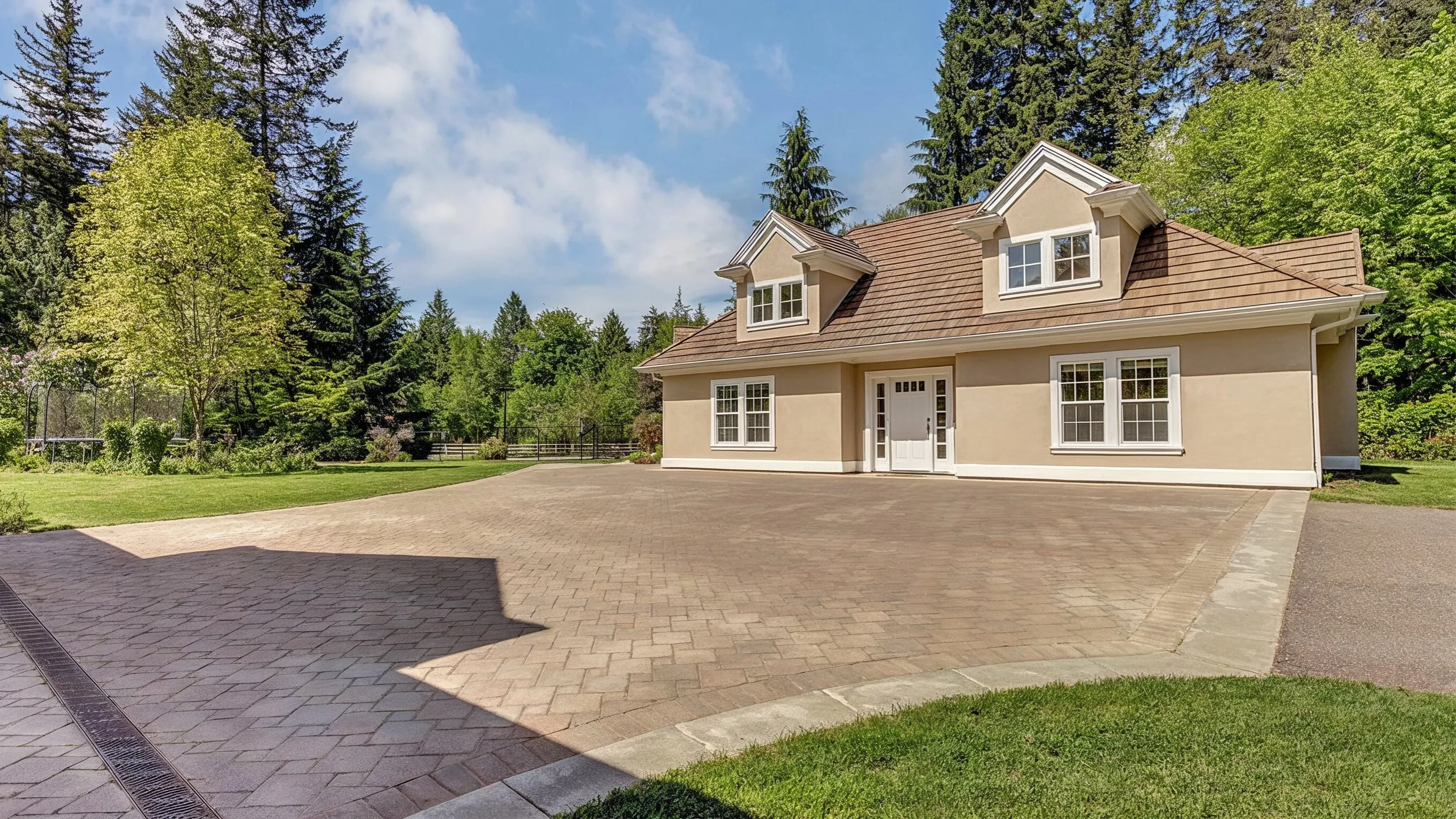After ADU construction project in Los Angeles showing a detached backyard guest house with beige stucco exterior, dormer windows, wide paved patio, landscaped yard, and private residential setting