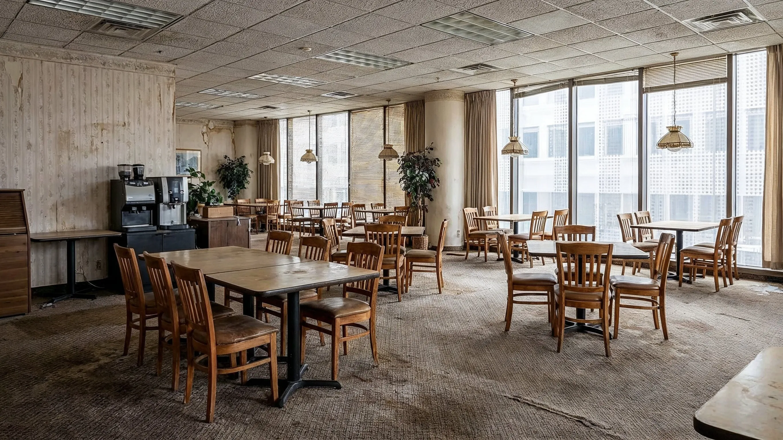 Before commercial remodeling project in Los Angeles showing an outdated restaurant dining area with older tables, worn carpet, dated ceiling tiles, large windows, and aging commercial interior finishes