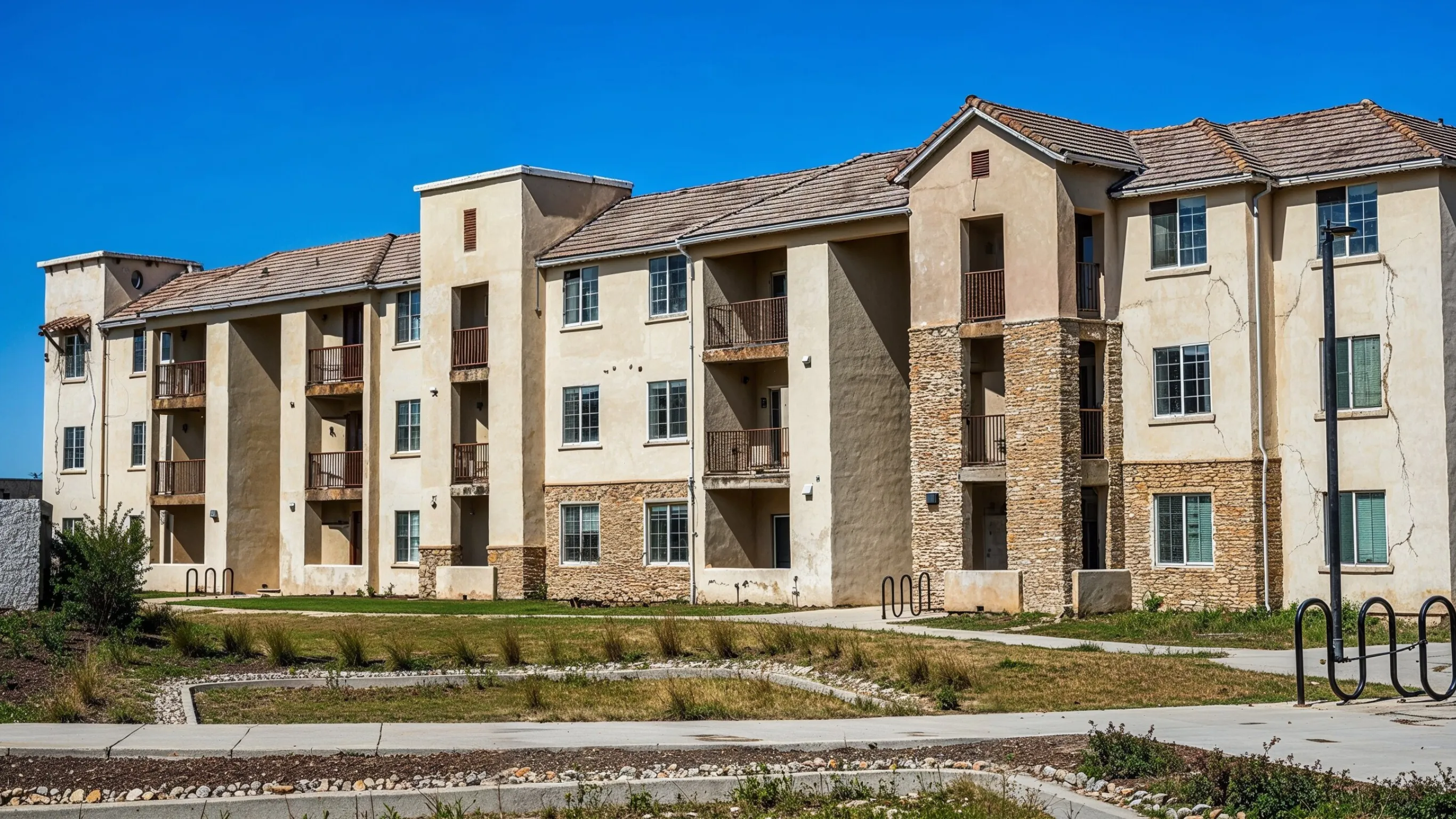 Before HOA remodeling project in Los Angeles showing a multifamily apartment building exterior with worn stucco, visible cracks, older balconies, dry landscaping, and exterior areas needing upgrades