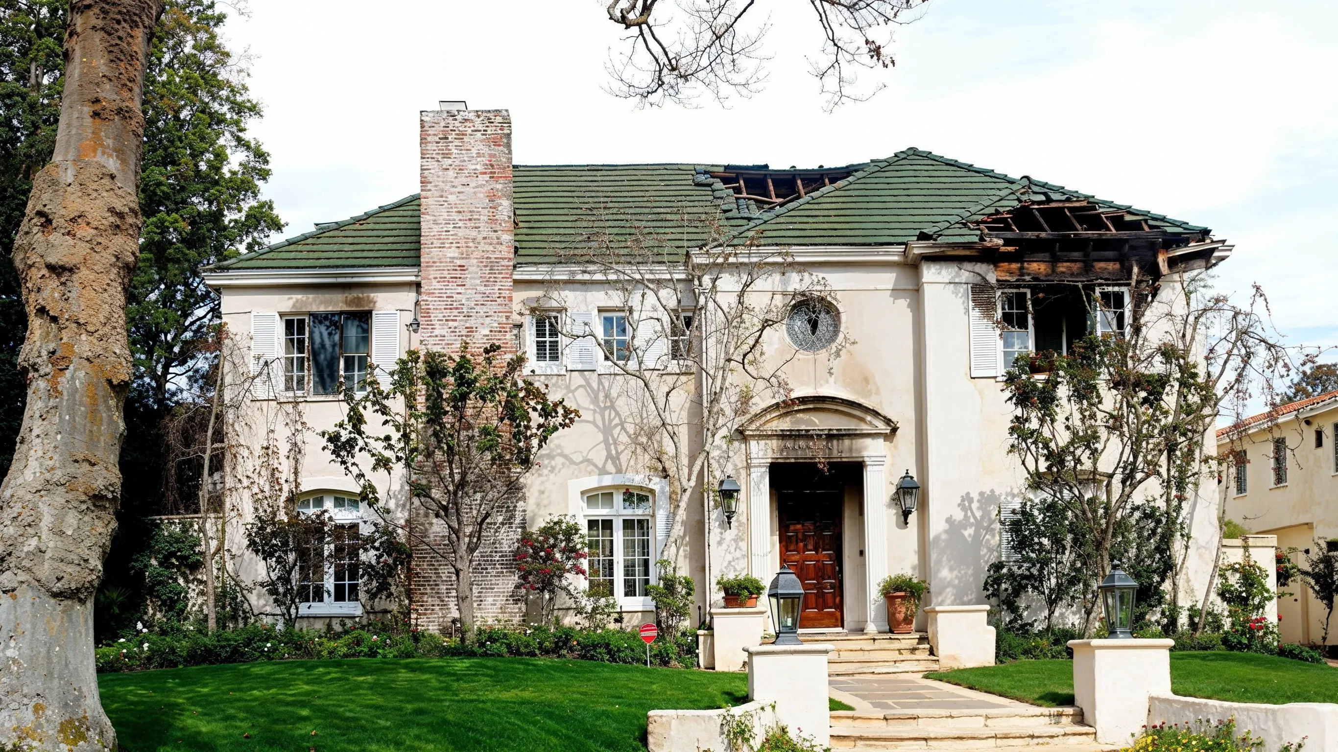 Before home restoration project in Los Angeles showing a classic home exterior with roof fire damage, burned upper wall areas, damaged windows, worn facade, and restoration work needed