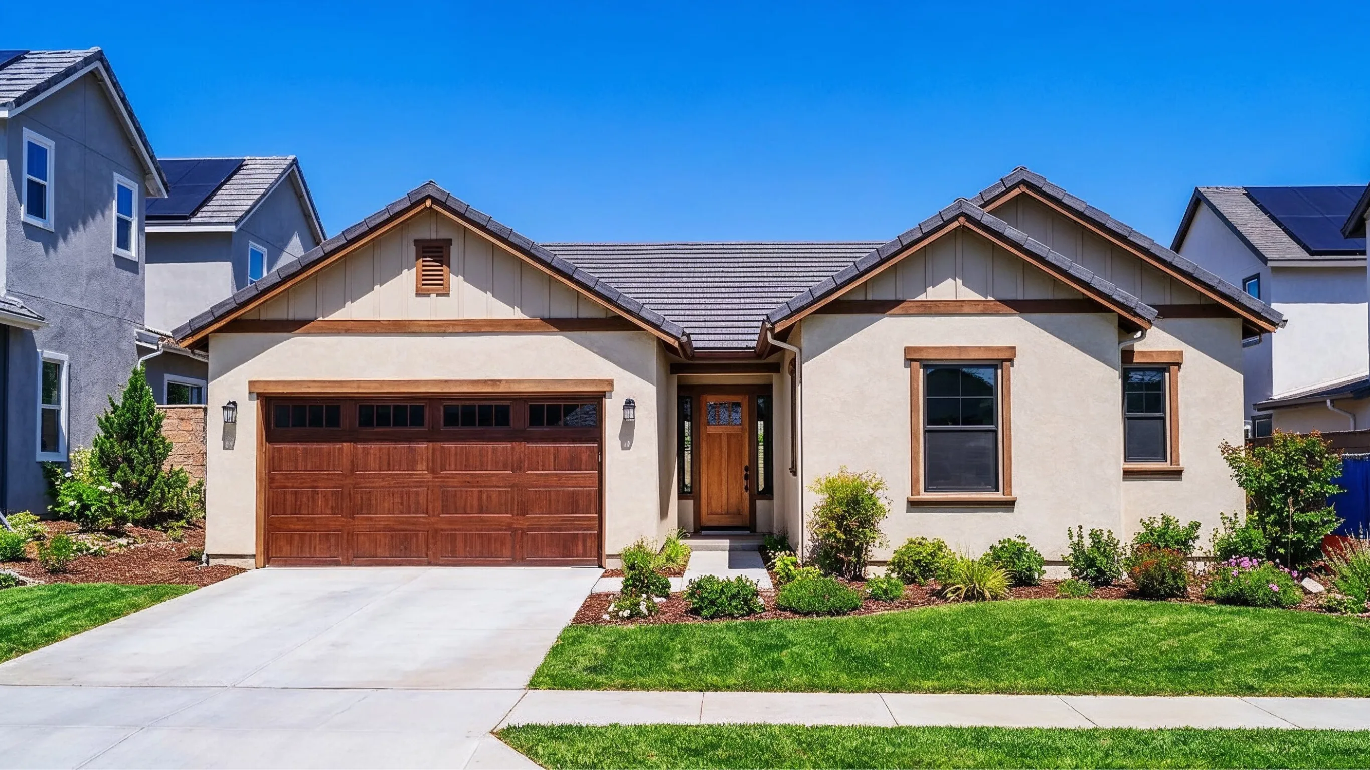 After new home construction project in Los Angeles showing a completed custom home exterior with stucco, wood garage door, landscaping, driveway, and tile roof