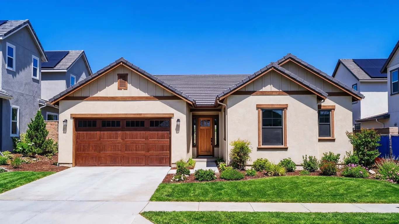 New home construction project in Los Angeles showing a finished custom home exterior with stucco, wood garage door, landscaping, driveway, and tile roof
