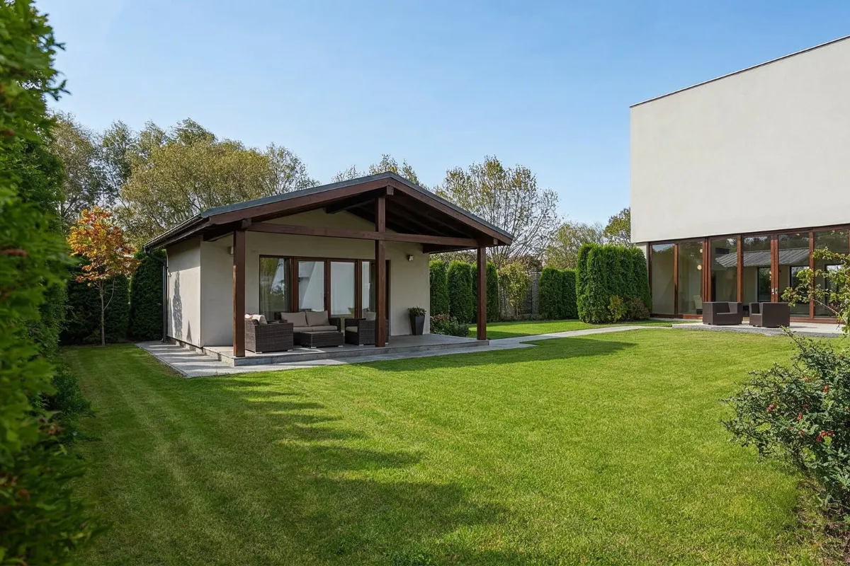 Backyard ADU construction in Los Angeles with a modern guest house, covered patio, green lawn, and main home nearby
