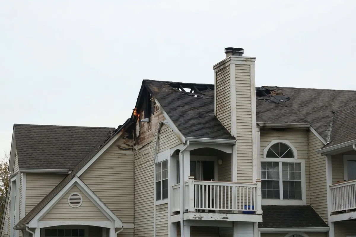 Home restoration in Los Angeles showing fire damage on a residential roof and exterior before rebuild or repair work