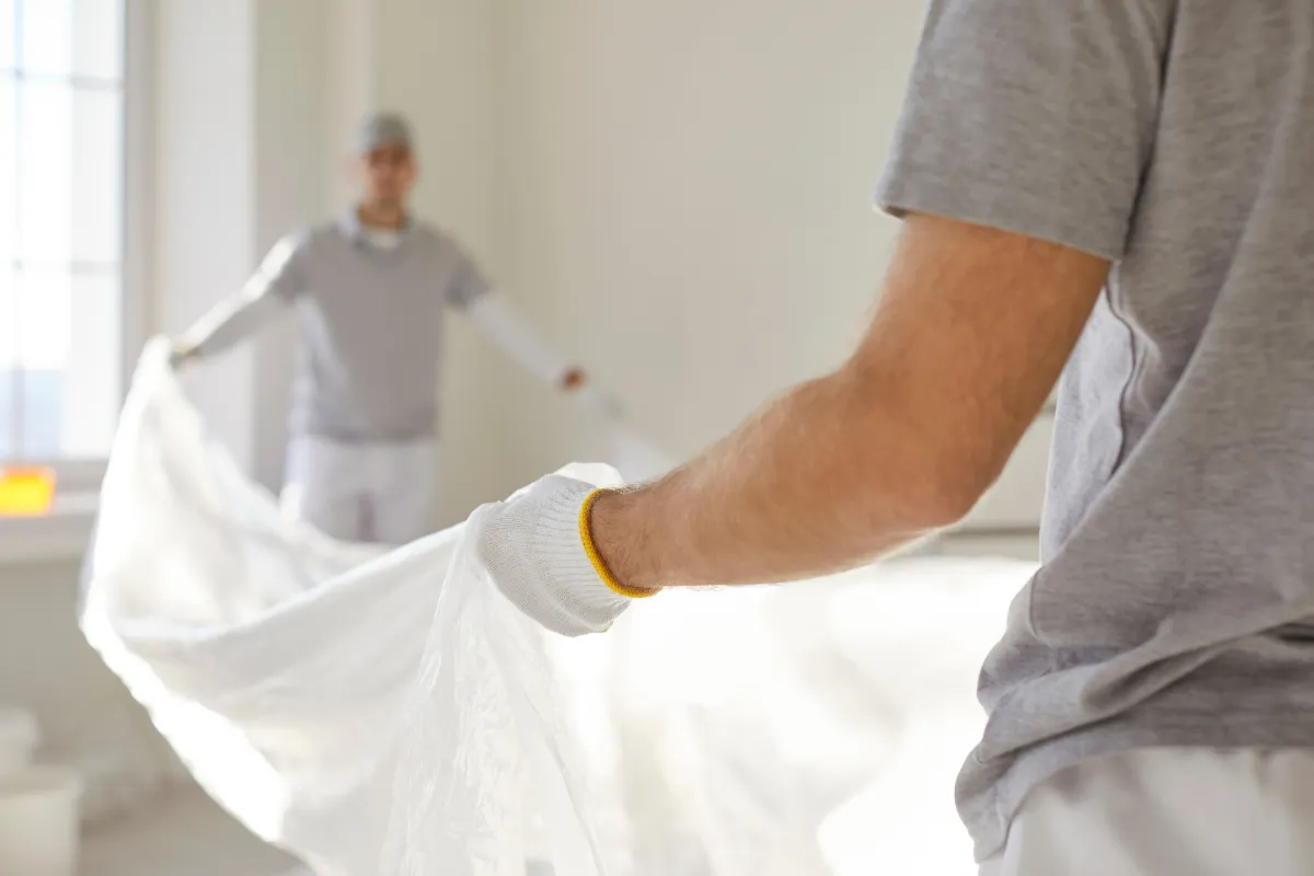Residential remodeling in Los Angeles with workers protecting the interior space during renovation preparation