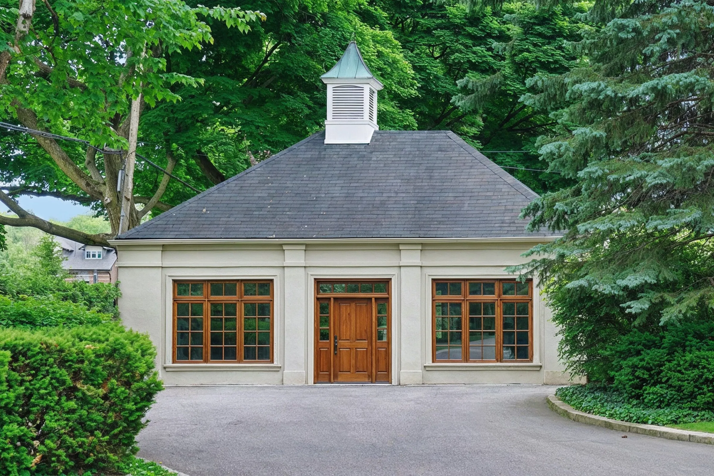Garage conversion ADU in Los Angeles showing a classic detached garage structure with wood doors, large windows, stucco exterior, and mature landscaping