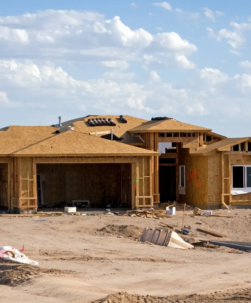 Residential new home construction in Los Angeles showing framing stage during ground-up building project