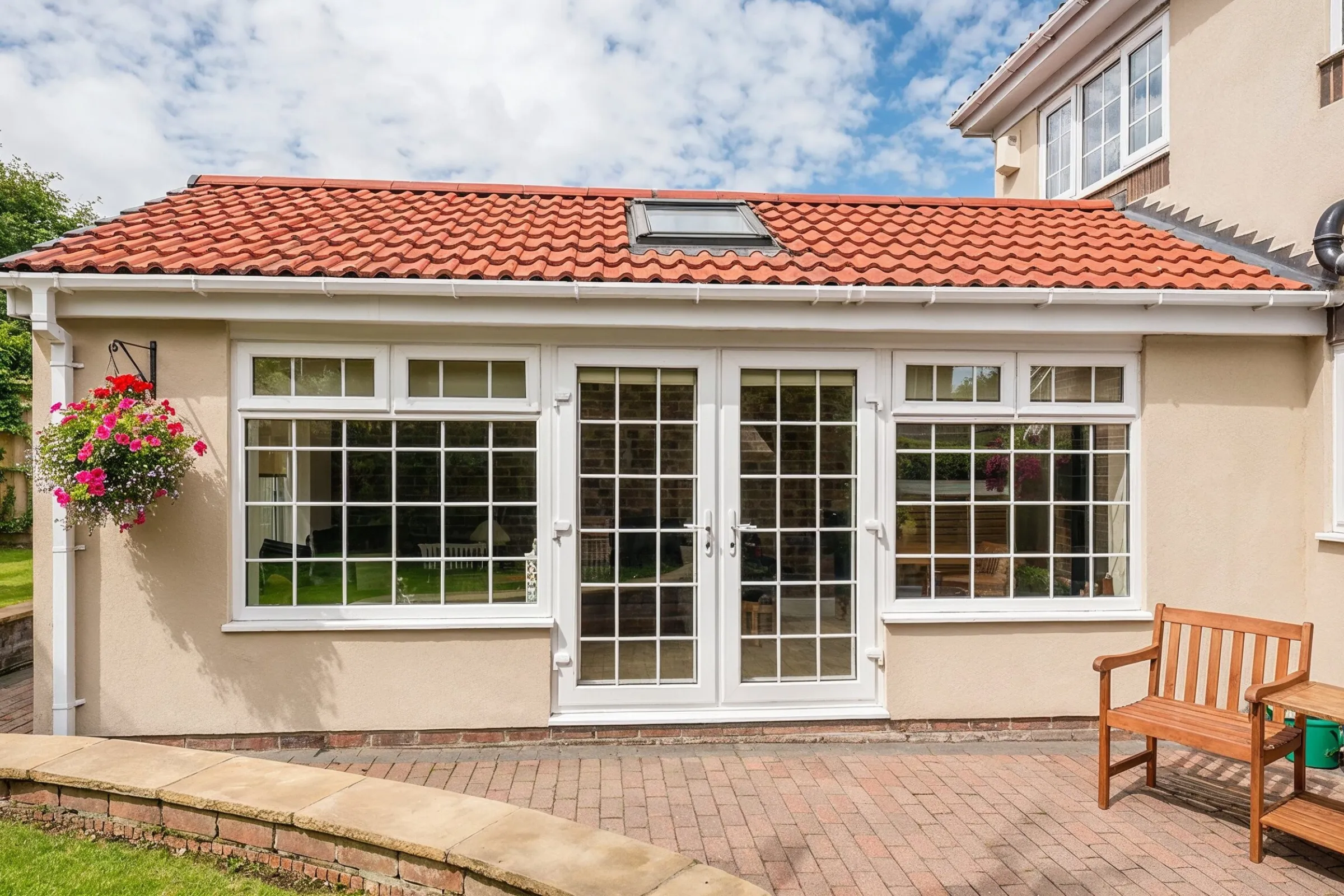 Room addition in Los Angeles showing an exterior home extension with white French doors, large windows, red tile roof, patio area, and attached house structure